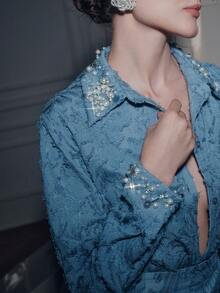 Anewsta Women's Elegant Commuter Embroidered Sequins Beaded Blouse - Blue - View 7