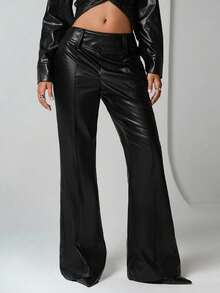 SHEIN TRNDY 1 Stück Damen Schwarze PU Leder Hose, hochwertig für Party, Alltag, Pendeln, Neujahr, Herbst/Winter, asymmetrisches Patchwork Design, schlankend, beinverlängernd, ausgestellt, minimalistisch, elegant, modisch, figurbetont - Schwarz - Übersicht 3