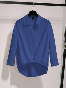 Franclia Áo cánh xếp ly tay 3/4 thanh lịch thường ngày dành cho nữ - Màu xanh lam - Xem 3