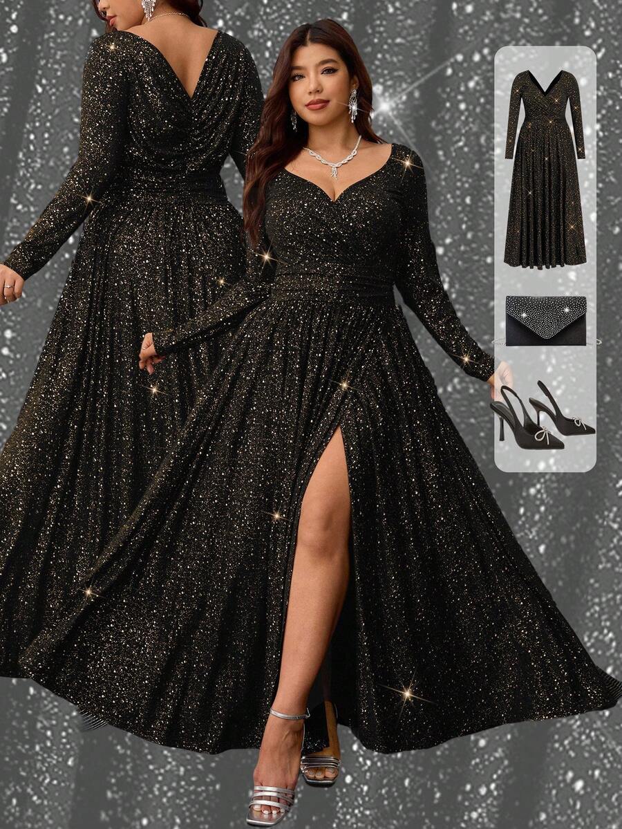 Ellevyn Vestido de manga larga con cuello de corazón, cintura ceñida y bajo con abertura brillante, talla grande - Dorado - Ver 1