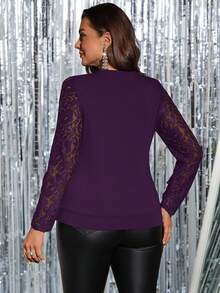 Gownix 大码女士优雅方领薄纱蕾丝修身衬衫，春秋季 - 紫色 - 查看 2