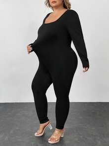 SHEIN CURVE+ Plus Size Women's Square Neck Bodysuit, Basic Casual Jumpsuit
