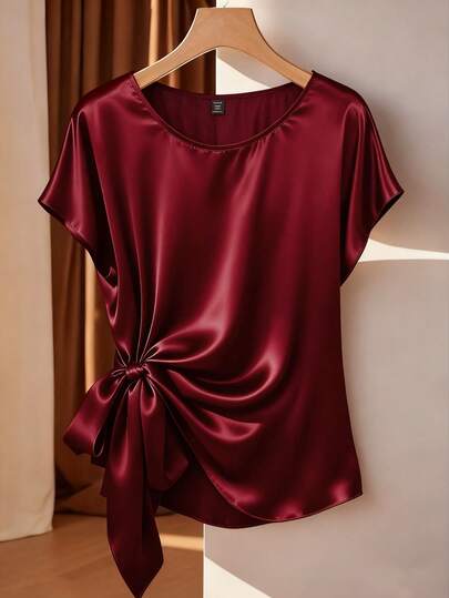 Franclia Plus Size Sleeveless Front Tie Casual Versatile Shirt, Spring/Summer Maroon Top Wine Red Top Burgundy Top Dark Red Top Satin Tops For Women