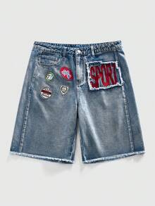 ROMWE MEN Street Life Men's Slogan Logo Embroidered Accent Drawstring Denim Shorts, Collegiate Style - Blue - View 8