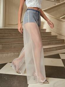 Selenza Women's Fashion Sexy Mesh Patchwork Wide Leg Jeans - Blue - View 4