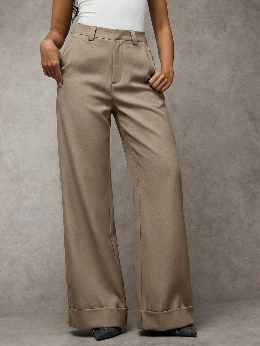 SHEIN BAE 女士秋冬灰色纯色斜纹梭织纽扣口袋简约低腰休闲裤，适合通勤、休闲外出、复古风、办公穿着 - 卡其色 - 查看 1
