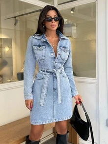 EURMUSE Mini Button And Belt Detailed Rigid Denim Dress - Light Wash - View 7