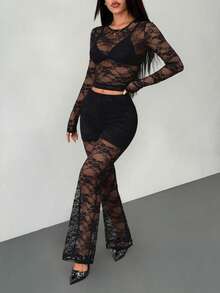 SHEIN PETITE 2pcs Women's Sexy Sheer Black Lace Top And Lace Pants Set, Stylish Design, Spring/Summer - Black - View 8