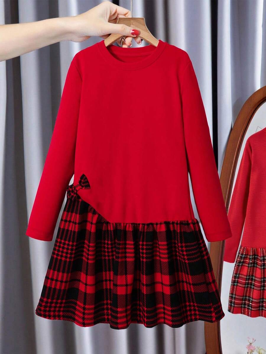 Girls' Casual Red Plaid Patchwork Long Sleeve Dress With Bow Accent,Cute School Back-To-School Autumn Winter Christmas Outfit,Versatile Daily Wear - Red - View 1