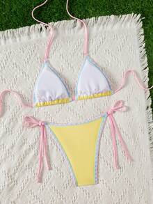 Swim Mod Women's Halter Neck Bikini Swimwear, Pearl & Palm Tree Decor, Suitable For Beach, Vacation, And Dates, Spring/Summer - Yellow - View 3