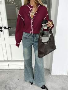 Siren Gaze Camicia a maniche lunghe con bordi a contrasto, blusa in cotone con collo alla coreana, autunnale - Bordò - Visualizzare 3