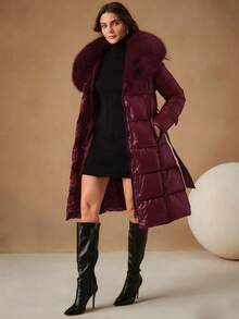 Anewsta Women's Mid-Length Winter Coat With Fur Collar, Fashionable Cinched Waist Waist Design - Burgundy - View 8
