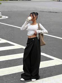 Muchica 女士黑色阔腿宽松交叉裹身休闲裤