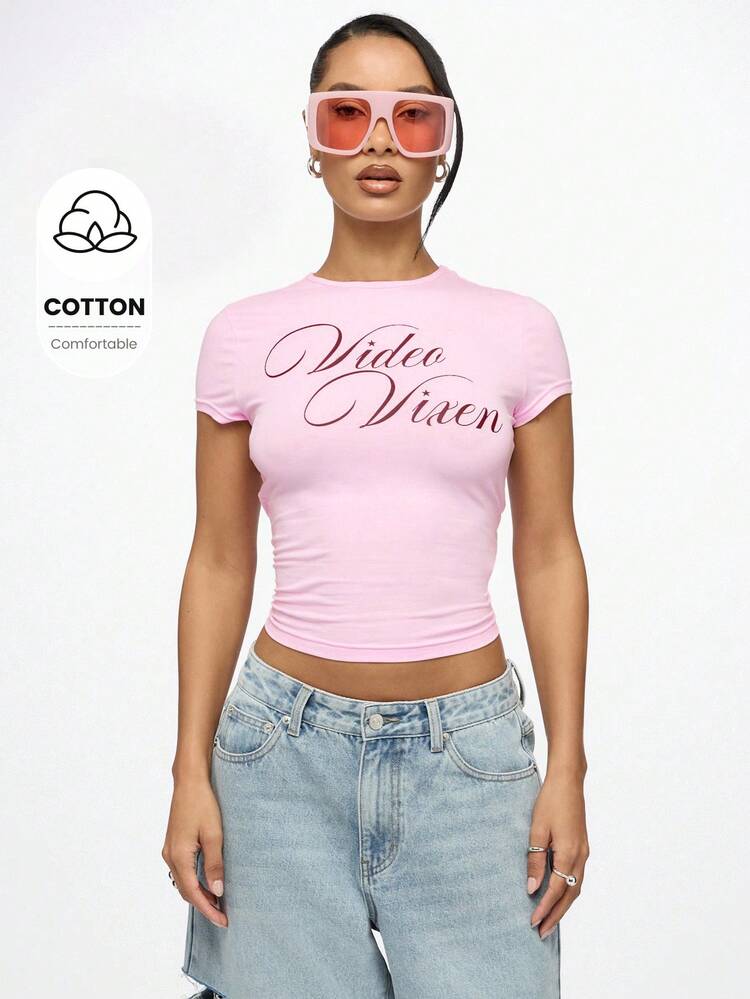 SUMWON WOMEN 비디오 빅센 레트로 Y2K 그래픽 크롭 탑 티셔츠 스트리트웨어