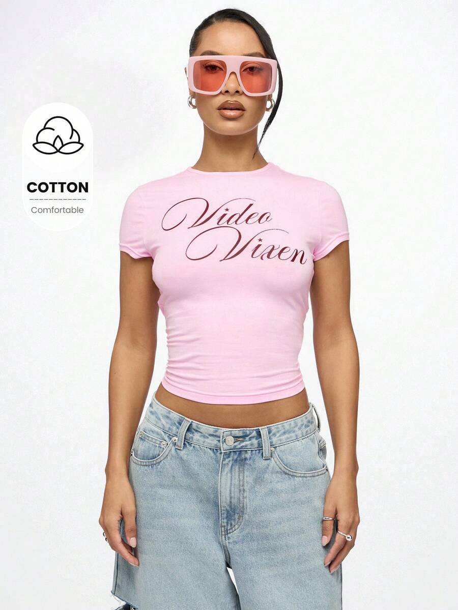 SUMWON WOMEN Video Áo thun trẻ em Vixen Retro Y2K Crop Top thời trang Áo thun họa tiết bó sát phong cách đường phố Lễ hội mùa hè Câu lạc bộ Tiệc tùng - Màu Hồng baby - Xem 1