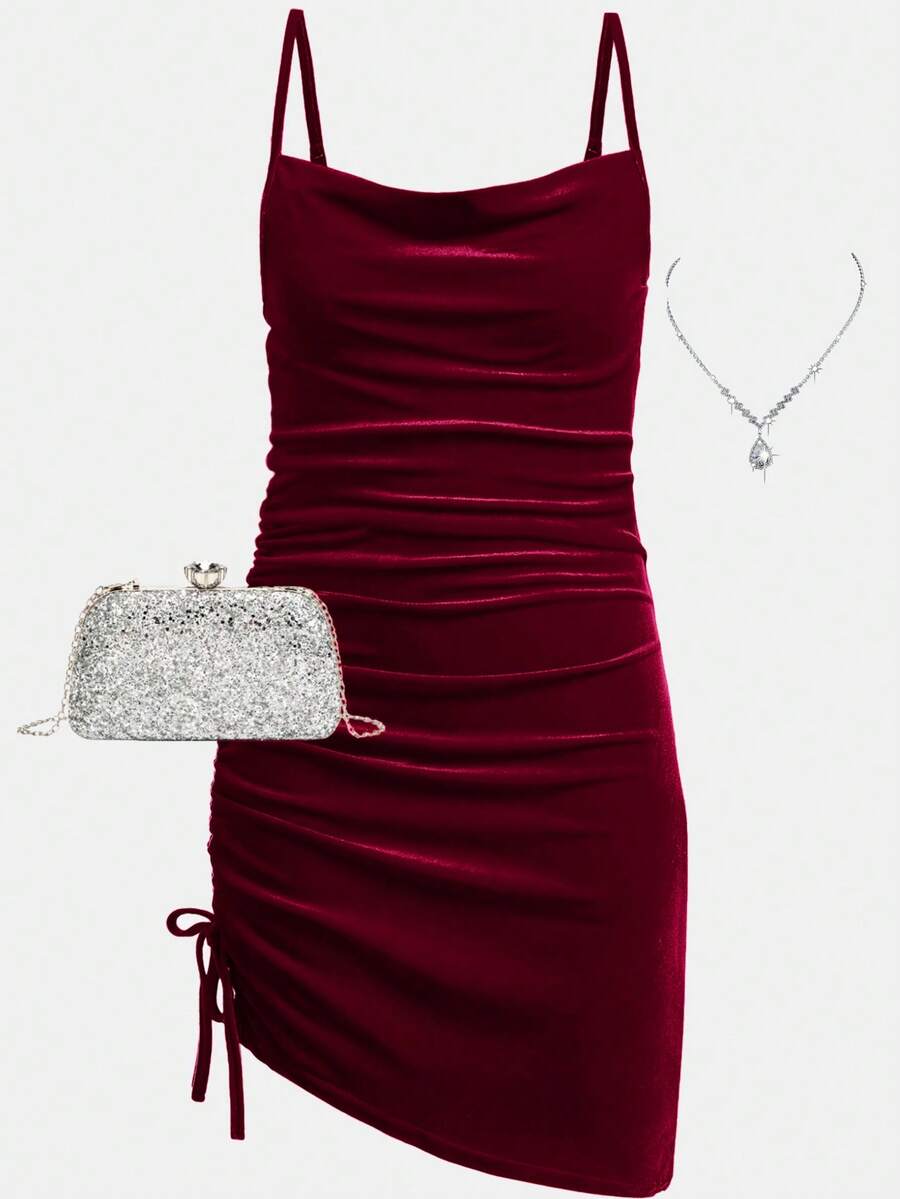 SHEIN Girlism 少女红色天鹅绒垂领荷叶边腰部紧身正式派对连衣裙 - 酒紅色 - 查看 1