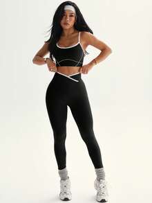 Dewbera Women's Seamless Pink Activewear Set, Striped Crisscross Waist Crop Leggings And Vest Yoga Leggings Set Active Legging Set Gym Leggings Set Curve Activewear Set Active Wear Women Active Sets Crop Top And Leggings Set - Black - View 4