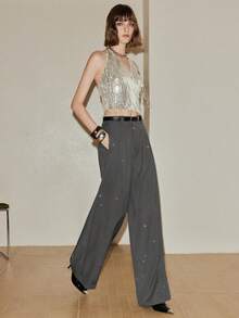 Arave 女式高腰直筒亮片设计休闲裤 - 灰色 - 查看 5