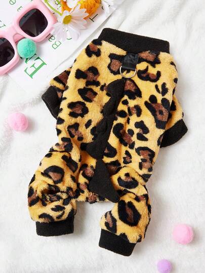 PETSIN 1件黑色豹纹恐龙图案带牵引扣宠物连体衣，秋冬季加厚法兰绒保暖四脚宠物服