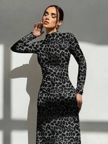 Aloruh Women's Leopard Print Stand Collar Fitted Elegant Long Sleeve Dress - Dark Grey - View 7