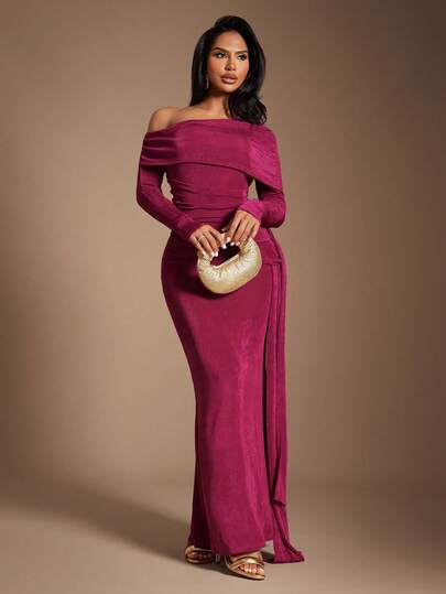 Radiana Women's Sexy Elegant Luxurious Grape Purple Fitted Long Dress, Asymmetrical Shoulder Long Sleeve Dress, Suitable For Gala, Prom, Party, Banquet, New Year's Eve, Christmas, Date, Gathering, Wedding Guest, Bridesmaid