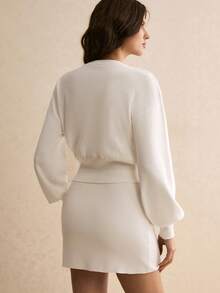 Poéselle Women's Autumn/Winter Office/Commute Minimalist Solid Color Drop Shoulder Loose Lantern Sleeve Single-Breasted Cardigan And Knit Skirt 2-Piece Set - White - View 2