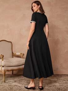 Enchnt 撞色复古方领短袖蝴蝶结装饰优雅连衣裙 - 黑色 - 查看 7