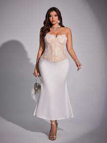 Viva Relle 女士白色撞色花卉蕾丝修身吊带背心，连体衣，无袖露脐系带心形领上衣，适合派对、情人节等场合 - 白色 - 查看 5