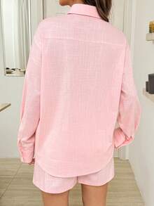 SHEIN 2pcs Maternity Casual Solid Color Shirt & Shorts Set 2 Piece Linen Sets Woman Linen Outfit Co Ords Sets Women Pink Shirt Women 100 Cotton Women Clothing Valentine's Day - Pink - View 2