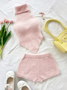 Soleia 2 Stücke Damen Pullunder Set mit hohem Kragen und einfarbig - Pink - Übersicht 4