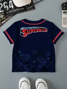 SUPERMAN X SHEIN 青少年男孩圆领短袖夏季舒适休闲卡通深红色深蓝色运动条纹针织英文字母图案T恤