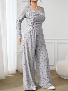 Feyla Conjunto de 2 piezas con top de talla grande con lazo, estampado integral, fruncido y bajo asimétrico, y pantalones holgados - Morado - Ver 6