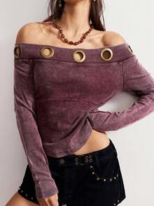 Bohemela Áo kiểu nữ tay dài, màu trơn, chất liệu dệt kim, đính kim loại, kiểu dáng trễ vai, thích hợp cho Giáng sinh, Năm mới, Lễ tình nhân. - Màu tím - Xem 6