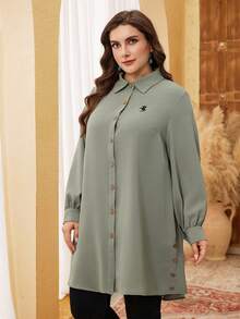 Lacomfia Plus Size Long Sleeve Solid Color Embroidered Button-Up Casual Shirt Fall - Green - View 3