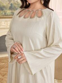 Al Najma Plus Size Elegant Faux Pearl Embroidered Detail Loose Dress, Autumn Kaftan Jalabiya Dress - Apricot - View 1