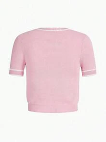MOTF PREMIUM CONTRAST TRIM SHORT SLEEVE KNIT TOP KNIT PULLOVER FALL WINTER OUTFIT - Pink - View 3