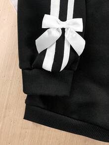 Tween Girl Casual Cute Sweet Round Neck Black Sweatshirt With Bow Sleeves In Fall/Winter - Black - View 4