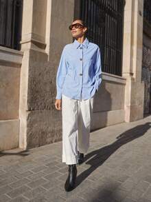 Maija 女士休闲条纹长袖衬衫，适合外出、通勤或日常社交场合。舒适百搭，毕业季女士休闲衬衫之选。 - 藍色 - 查看 4