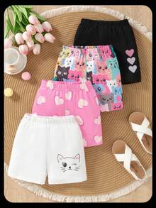 SHEIN 4pcs Young Girls Elastic Waist Cat & Heart Graphic Print Knitted Stretch Shorts, Comfortable And Fashionable Leggings Summer Holiday