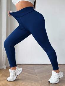 SHEIN Tall CURVE Plus Size Women's High Waist Thick Warm Leggings For Autumn And Winter Thermal - Royal Blue - View 2