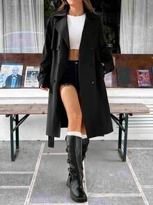 SHEIN EZwear 秋冬女士纯色前扣长袖休闲衬衫 - 黑色 - 查看 1