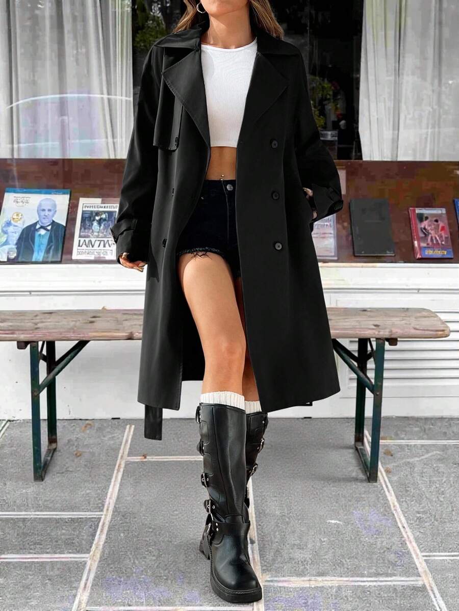 SHEIN EZwear 秋冬女士纯色前扣长袖休闲衬衫 - 黑色 - 查看 1