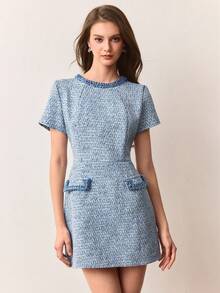 Aveloria Rosie Vintage Romantic Elegant Fitted Waist Crew Neck Short Sleeve Dress With Contrasting Tweed Fabric And Matching Ribbon Trim, Slimming - Blue - View 3