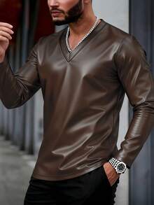Manfinity LEGND T-shirt décontracté à manches longues et col en V en PU de couleur unie pour hommes - Marron - Voir 4