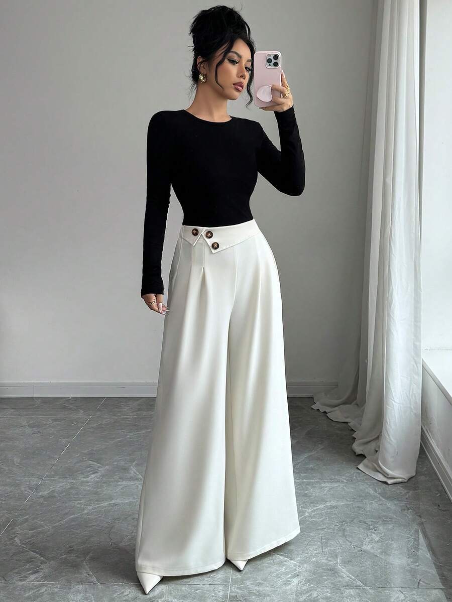 Elenzga Women's Solid Color Button Pleated Fashionable Versatile Commuter Casual Wide Leg Pants - Beige - View 1
