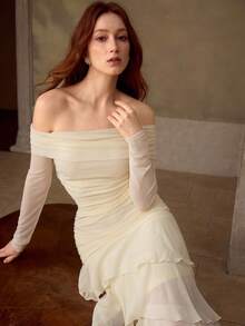 MOTF PREMIUM WOMEN'S PLEATED TEXTURED FITTED LONG DRESS, AUTUMN/WINTER