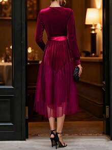 EMERY ROSE Vestido de mujer de terciopelo con contraste de malla en la cintura, elegante, de uso diario, de moda, estilo francés retro, versátil, para Navidad, Año Nuevo, negocios, de manga larga, color rojo vino, otoño/invierno - Burdeos - Ver 2