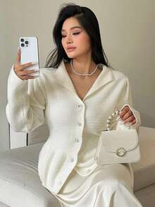 Dazy Plus Fashionable & Elegant Turndown Collar Fitted Waist Versatile White Cardigan Sweater, Plus Size Women, Autumn/Winter