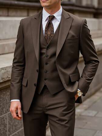 Manfinity Bizformal Herrkostym med slagkrage, långärmad jacka och byxor, casual kostymset, herrkostym, formell bröllopsoutfit för män, elegant outfit, balkostym för män, bröllopskostym för män