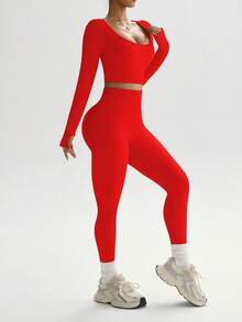 Slayform Women's Solid Color Minimalist Seamless Elastic Sports Set - Red - View 8